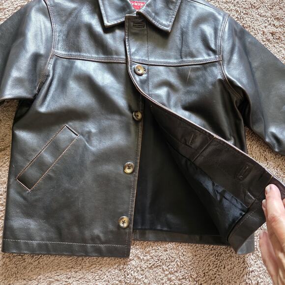 Vtg Gymboree Kids Leather Jacket Small 2-3 Years Brown Boys Coat 1998 90s Button - Picture 3 of 9